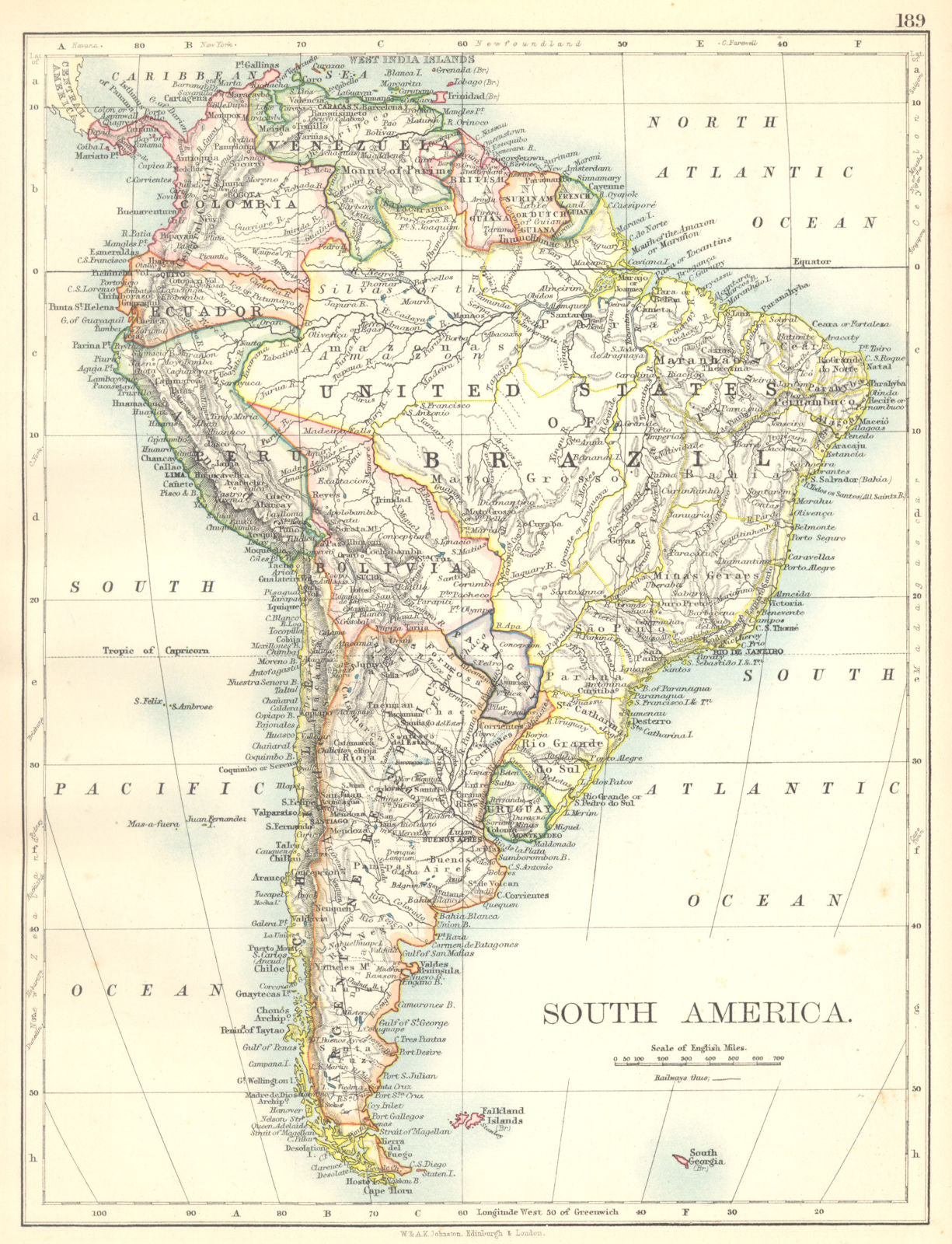 SOUTH AMERICA. Brazil Argentina Peru Bolivia Paraguay Uruguay Chile 1897 map